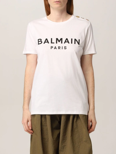 Shop Balmain Cotton Tshirt With Logo In White