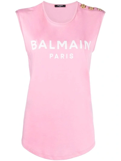 Shop Balmain Pink Logo Tank Top