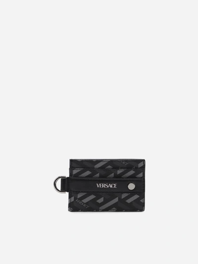 Shop Versace Canvas Card Holder With All-over La Greca Motif In Black