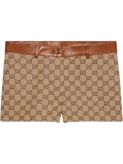 Shop Gucci Gg-canvas Leather-trim Shorts In Nude