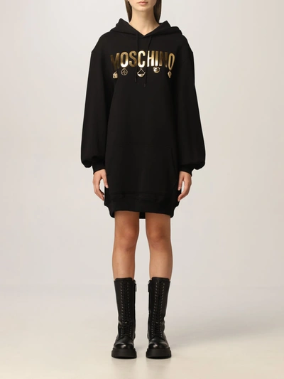 Shop Moschino Dress  Couture Cotton Sweatshirt Dress With Charmes In Black