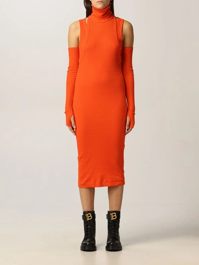Shop Balmain Dress  Midi Dress In Ribbed Cotton In Orange