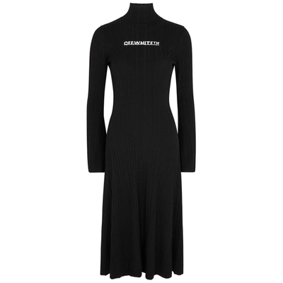 Shop Off-white Black Logo Ribbed-knit Midi Dress In Black And White