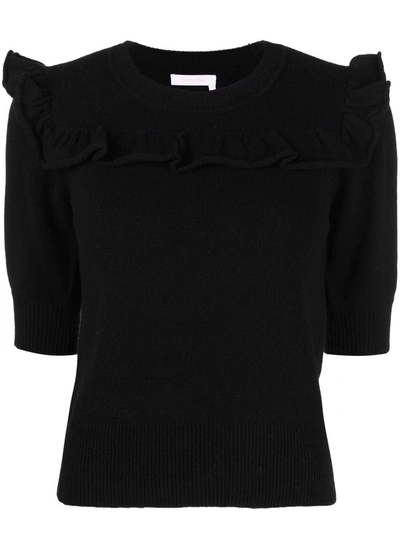Shop See By Chloé Ruffled Short-sleeve Knit Top In Schwarz
