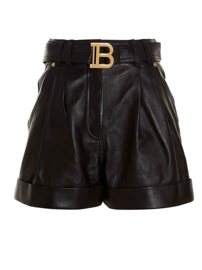 Shop Balmain B Logo Buckle Belted Leather Shorts In Black