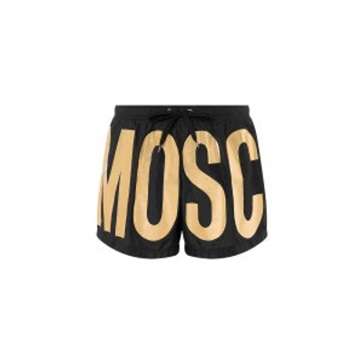 Shop Moschino Gold Logo Beach Boxer In Black