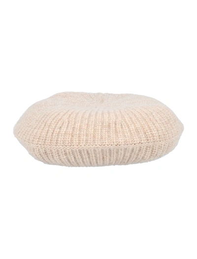 Ganni Logo-patch Ribbed-knit Beret In Sand