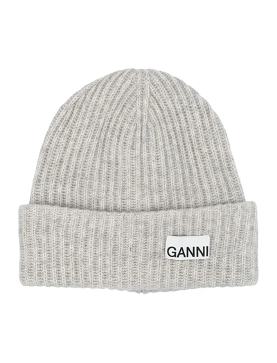 Shop Ganni Classic Knit Beanie Hat In Melange Grey