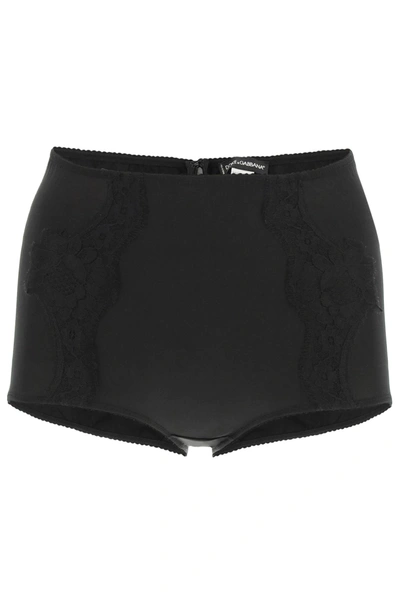 Shop Dolce & Gabbana Satin High Waisted Briefs With Lace In Black