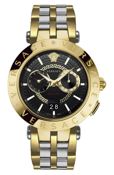 Shop Versace V-race Dual Time Bracelet Watch, 46mm In Gold/ Silver/ Black Sunray