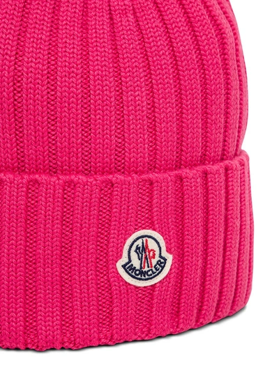 Shop Moncler Pink Wool Hat With Logo Patch In Fuxia