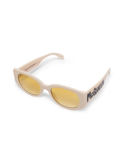 Shop Alexander Mcqueen Beige Acetate Sunglasses With Logo Print