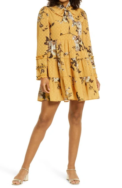 Shop Btfl-life Tie Neck Print Long Sleeve Babydoll Dress In Mustard