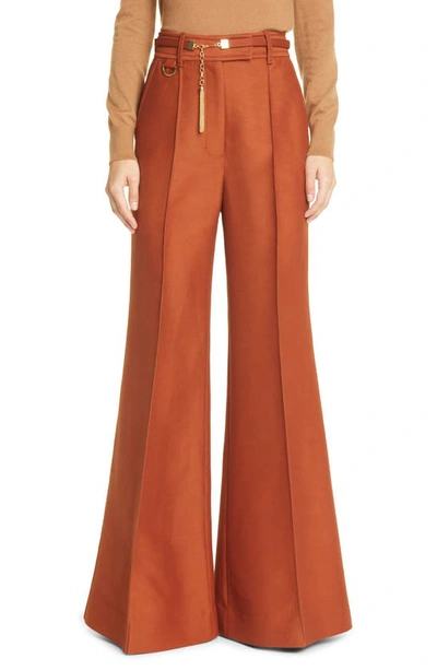 Shop Zimmermann Tempo High Waist Flare Wide Leg Wool Blend Pants In Toffee Brown