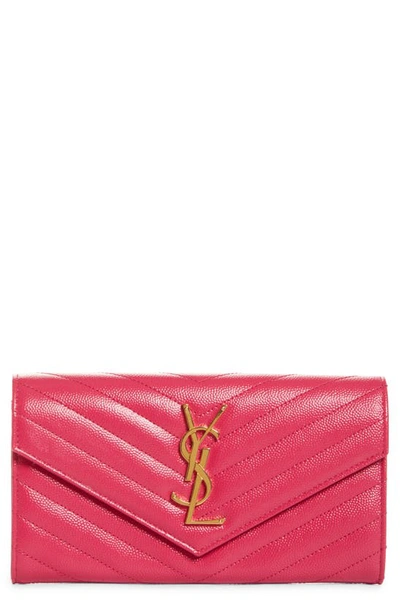 Shop Saint Laurent Monogramme Logo Leather Flap Wallet In Fuxia Couture