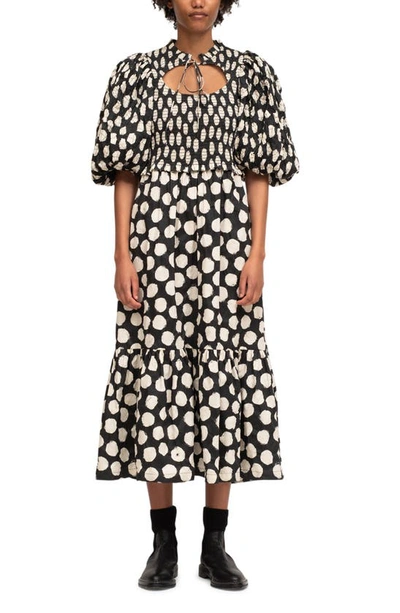 Sea Arline Ruffled Shirred Polka-dot Cotton-poplin Midi Dress In Black  Multi | ModeSens