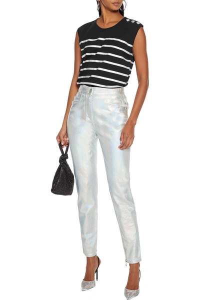 Shop Balmain Iridescent High-rise Skinny Jeans In Silver
