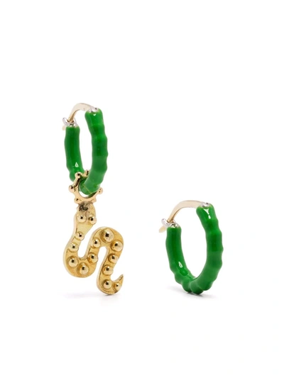 Shop Gaya 18kt Yellow Gold Mini Enamelled Snake Charm Hoop Earrings