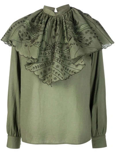 Shop Etro Ruched Floral-embroidery Blouse In Grün
