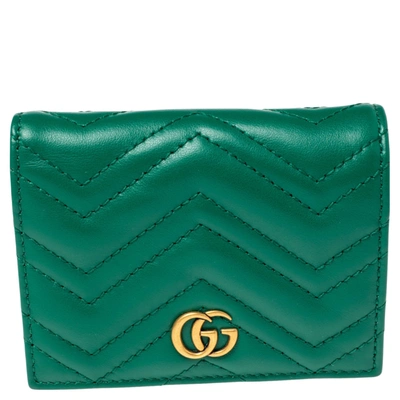 Pre-owned Gucci Green Matelassé Leather Gg Marmont Card Pre-owned Gucci Green Matelassé Leather Gg Marmont Card
