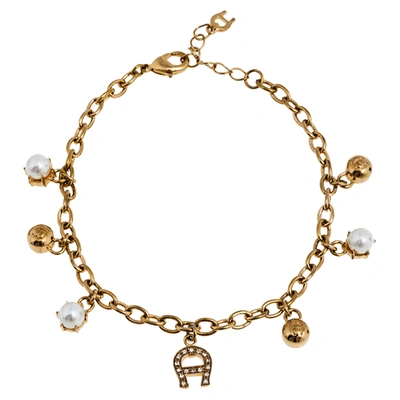 Pre-owned Aigner Gold Tone Faux Pearl Charms Bracelet
