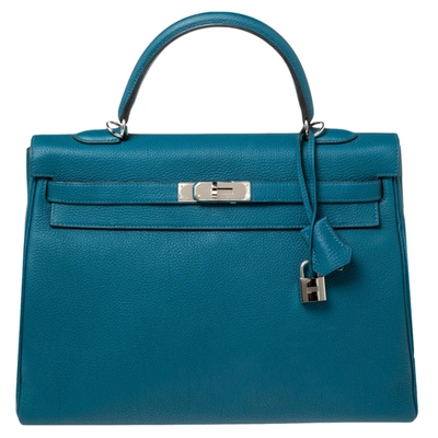 Pre-owned Hermes Cobalt Togo Leather Palladium Plated Kelly Retourne 35 Bag In Blue