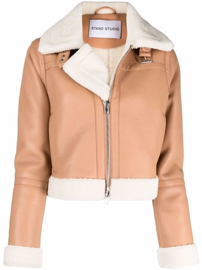 Shop Stand Studio Stand Beige Crop Biker Jacket