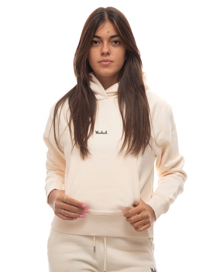 Shop Woolrich Logo Fleece Hoodie Sweatshirt With Hood Ivory Cotton Woman