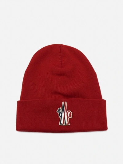 Shop Moncler Wool Hat With Logo Patch In Red
