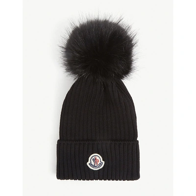 Shop Moncler Girls Black Kids Logo-embroidered Ribbed Wool-blend Beanie 2-14 Years S
