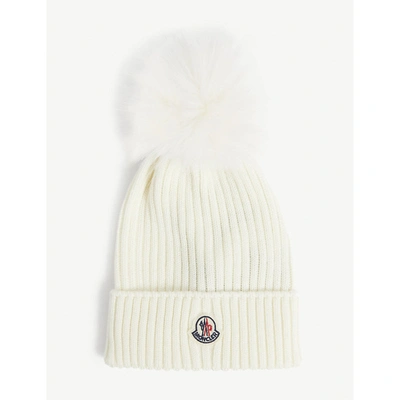 Shop Moncler Girls Off White Kids Logo-embroidered Ribbed Wool-blend Beanie 2-14 Years L