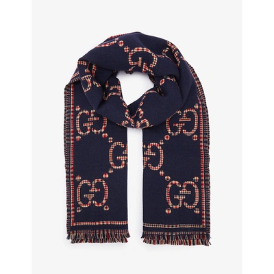 Shop Gucci Mens Brown/beige Logo-embroidered Wool Scarf