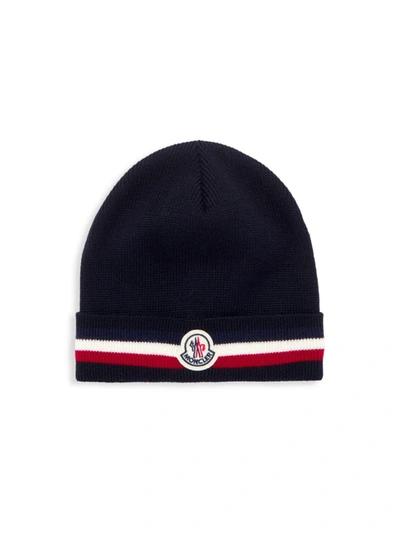 Shop Moncler Men's Bell Logo Beanie Hat In Navy