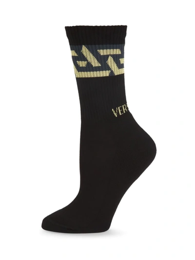 Shop Versace Women's Monogram Crew Socks In Black Gold