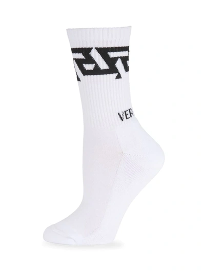 Shop Versace Women's Monogram Crew Socks In White Black