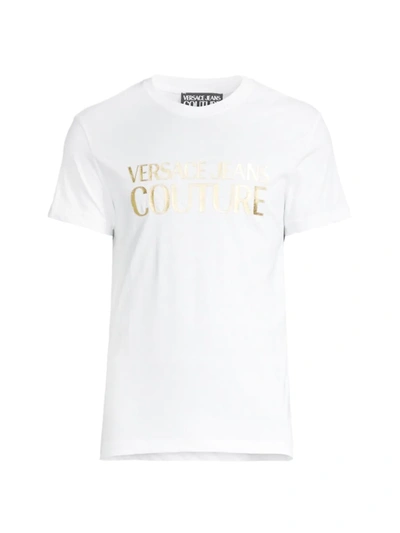 Shop Versace Men's Logo Foil-print Cotton T-shirt In White Gold