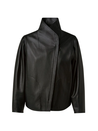 Shop Akris Punto Women's Perforated Leather Biker Jacket In Black