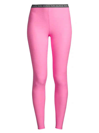 Shop Balmain Women's Rib Microfiber Leggings In Light Pink