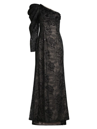 Shop Mac Duggal Women's Asymmetric Beaded Lace Gown In Black
