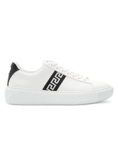 Shop Versace Men's Greca Logo Leather Sneakers In White Black