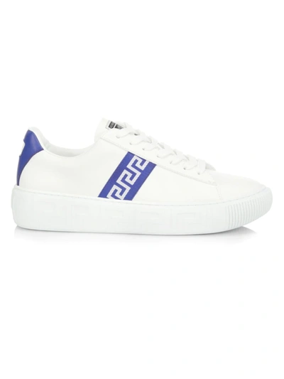 Shop Versace Men's Greca Logo Leather Sneakers In White Lapis