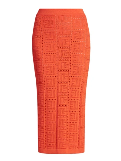 Shop Balmain Monogram Mesh Midi-skirt In Orange Fonce