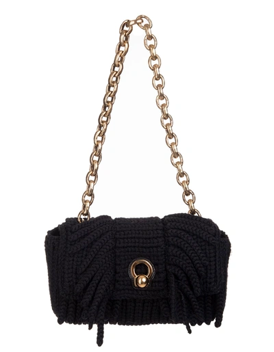 Shop Ermanno Scervino Faubourg Baguette Bag In Knit With Black Fringes In Nero