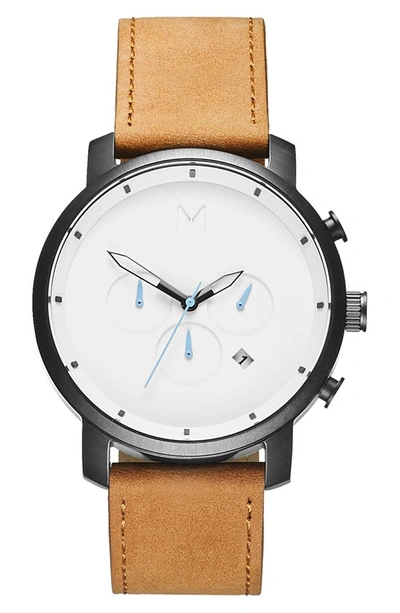 Shop Mvmt The Chrono Chronograph Leather Strap Watch, 45mm In Tan/ White/ Black