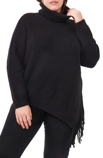 Shop Vince Camuto Asymmetric Fringe Cotton Blend Sweater In Rich Black