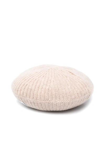 Ganni Logo-patch Ribbed-knit Beret In Nude & Neutrals