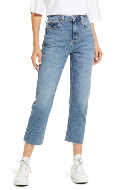 Shop Topshop Raw Hem Crop Straight Leg Jeans In Mid Blue