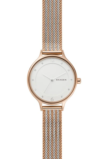 Shop Skagen 'anita' Crystal Index Mesh Strap Watch, 30mm In Rose Gold/ Silver/ White