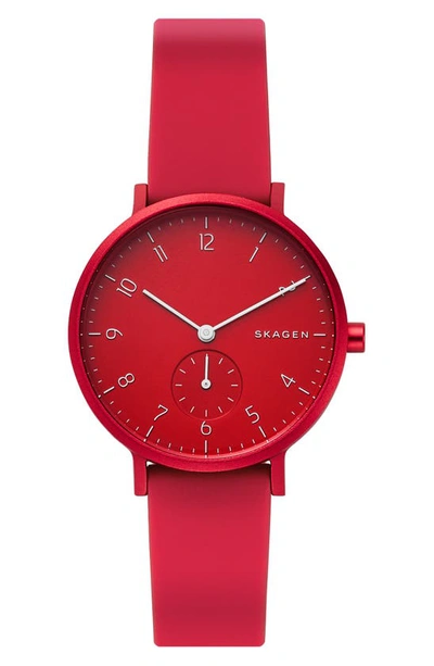 Shop Skagen Aaren Kul?r Rubber Strap Watch, 36mm In Red