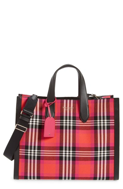 Kate Spade Manhattan Foliage Plaid Fabric Large Tote In Pink Multi